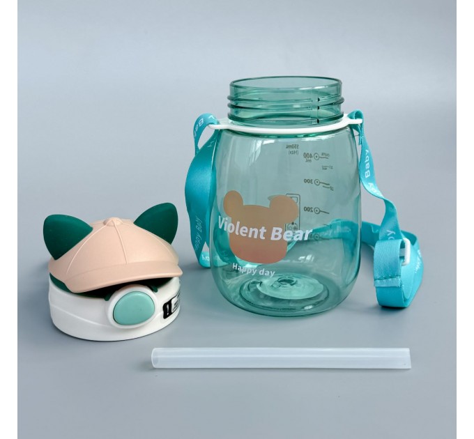 Пляшечка для води Bear "Happy day" Зелений з трубочкою, 550 мл