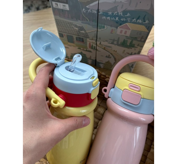 Термос - поїльник 480 мл з подвійною кришкою з чашкою Жовтий