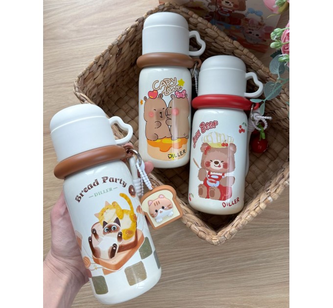 Термос - поїльник 480 мл з подвійною кришкою з чашкою Котики