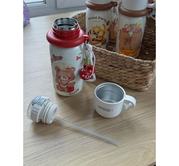 Термос - поїльник 480 мл з подвійною кришкою з чашкою Ведмедик