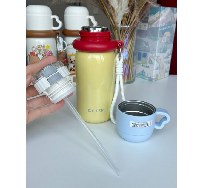 Термос - поїльник 480 мл з подвійною кришкою з чашкою Жовтий