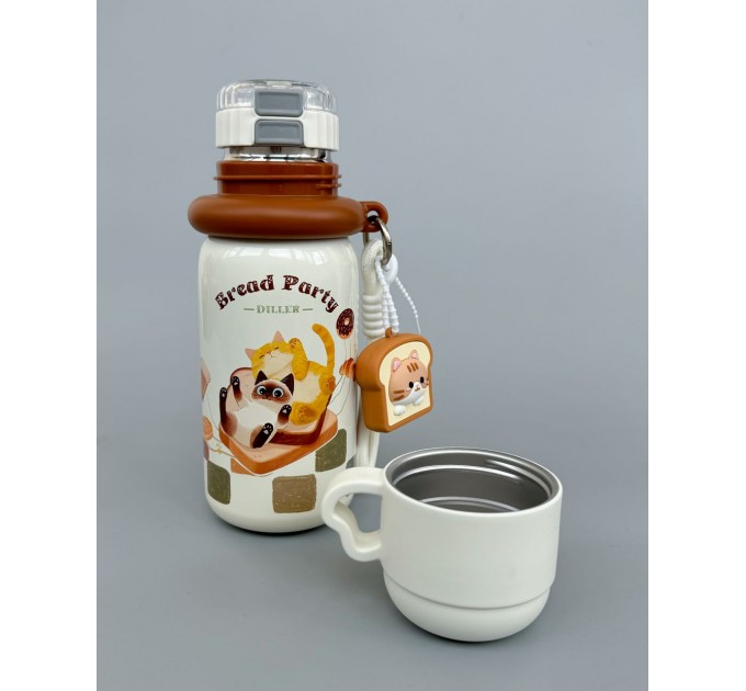 Термос - поїльник 480 мл з подвійною кришкою з чашкою Котики