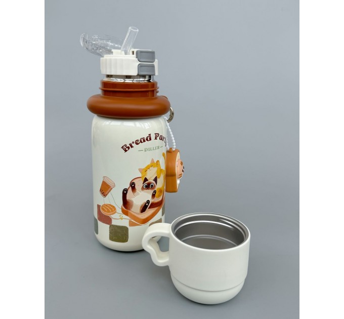 Термос - поїльник 480 мл з подвійною кришкою з чашкою Котики