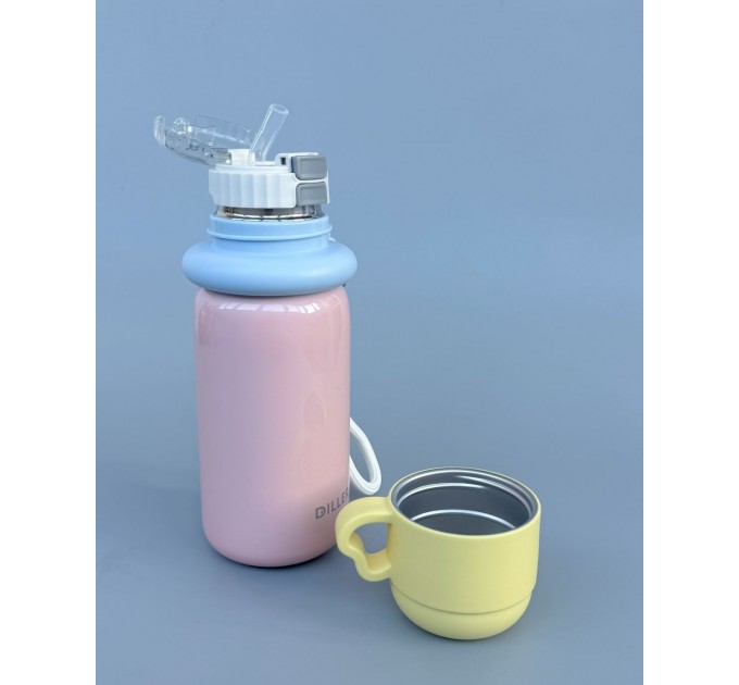 Термос - поїльник 480 мл з подвійною кришкою з чашкою Рожевий