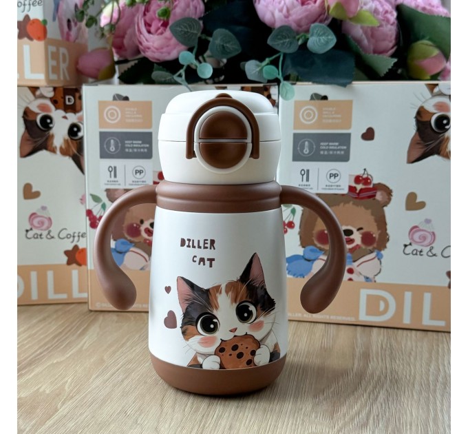 Термос - поїльник з ручками 350 мл Котик Diller