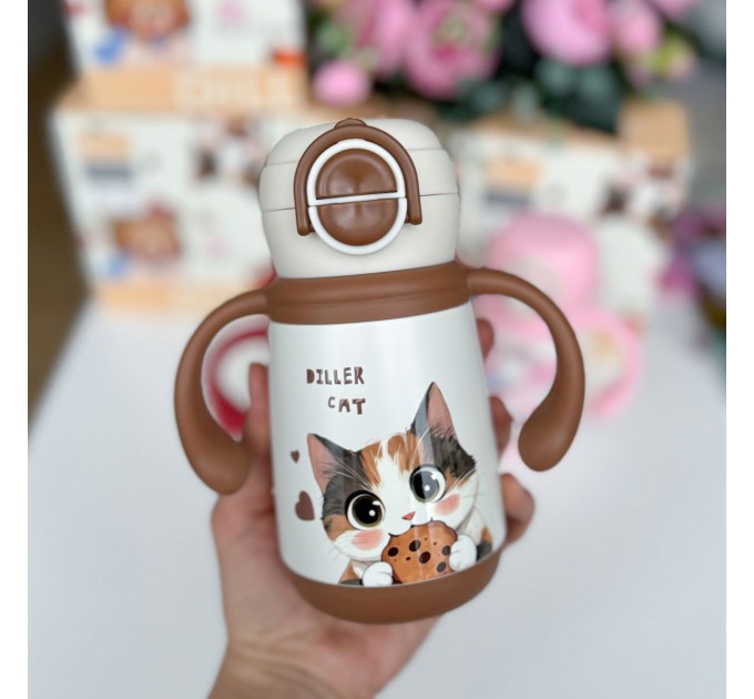 Термос - поїльник з ручками 350 мл Котик Diller