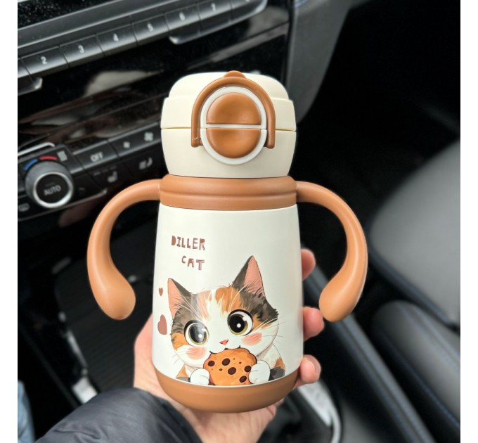 Термос - поїльник з ручками 350 мл Котик Diller